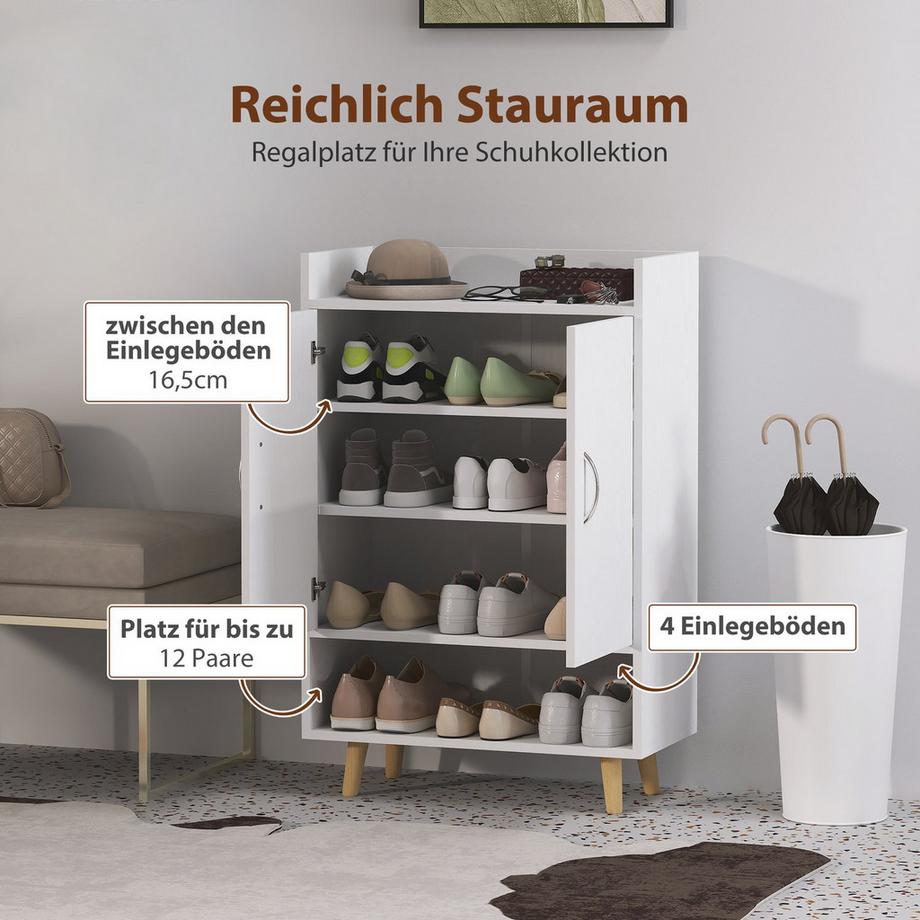 Northio Schuhschrank, Schuhregal mit Türen und Regalen, für 12 Schuhe, moderne Schuhkommode, Schuhablagen für Flur und Eingangsbereich, Massivholz, 60 x 30 x 92 cm, Weiß  