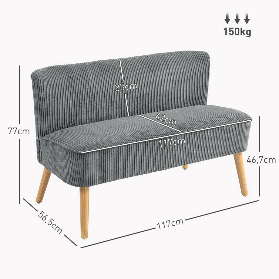 Northio 2 Sitzer Sofa, Couch mit Kordoptik, Holzbeine, Gepolsterter Polstersofa, Doppelsofa für Wohnzimmer, Schlafzimmer, 117 x 56,5 x 77 cm, Grau  