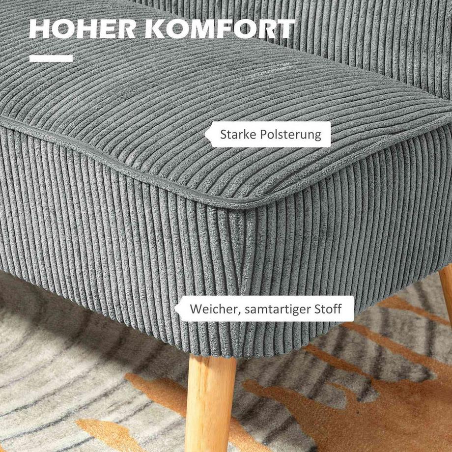 Northio 2 Sitzer Sofa, Couch mit Kordoptik, Holzbeine, Gepolsterter Polstersofa, Doppelsofa für Wohnzimmer, Schlafzimmer, 117 x 56,5 x 77 cm, Grau  