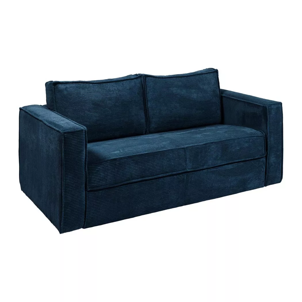 Vente-unique - Schlafsofa mit Matratze 3-Sitzer - Cord - Blau - Liegefläche mit Lattenrost mit breiten Latten 140 cm - Matratze 22 cm - LORETO, One Size, Nachtblau
