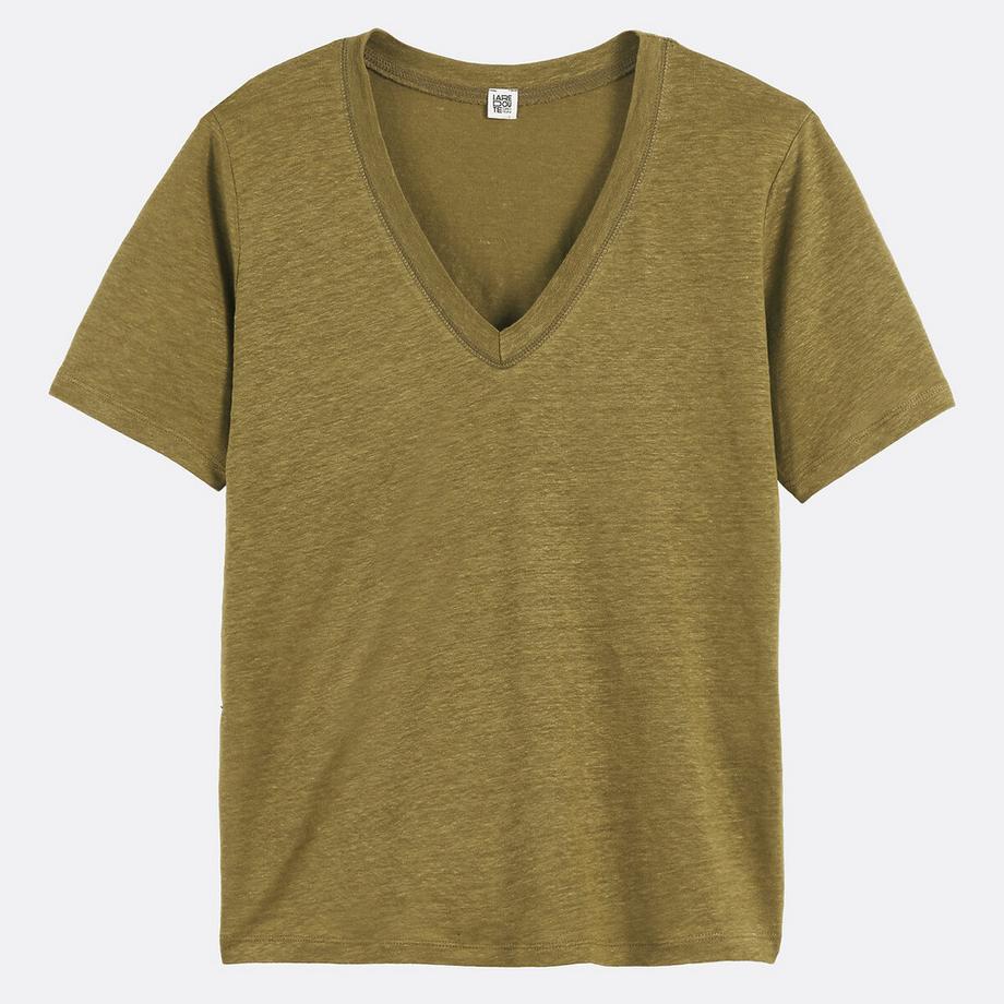 La Redoute Collections Leinen Kurzarm V-Ausschnitt T-Shirt  