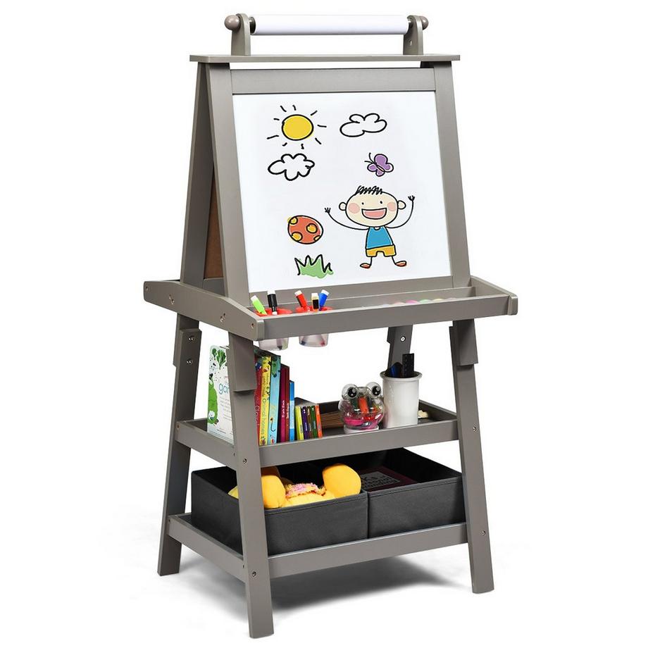 Northix  3 in 1 Kinder Staffelei Kindertafel doppelseitig Whiteboard & Kreidetafel & Zeichenpapier für Kleinkinder Grau 