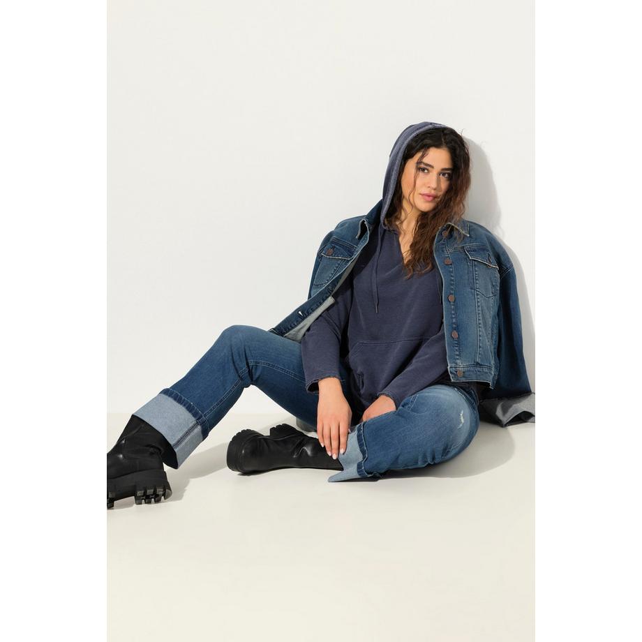 Ulla Popken Maglia con Cappuccio Orli Non Rifiniti Scollo V Maniche Lunghe  