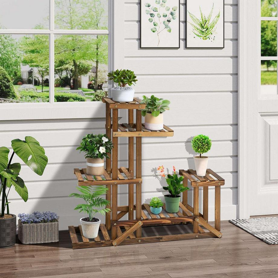 Northio Scaffale Per Piante Portafiori In Legno Massello Con 6 Livelli, Carbonizzato, 98X28X96.5 Cm, Per Giardino E Balcone  