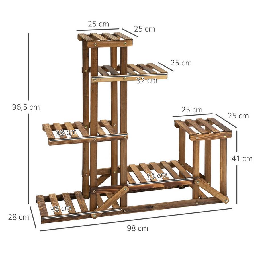 Northio Scaffale Per Piante Portafiori In Legno Massello Con 6 Livelli, Carbonizzato, 98X28X96.5 Cm, Per Giardino E Balcone  