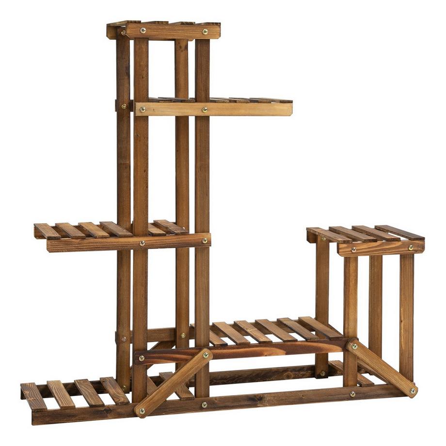 Scaffale Per Piante Portafiori In Legno Massello Con 6 Livelli, Carbonizzato, 98X28X96.5 Cm, Per Giardino E Balcone