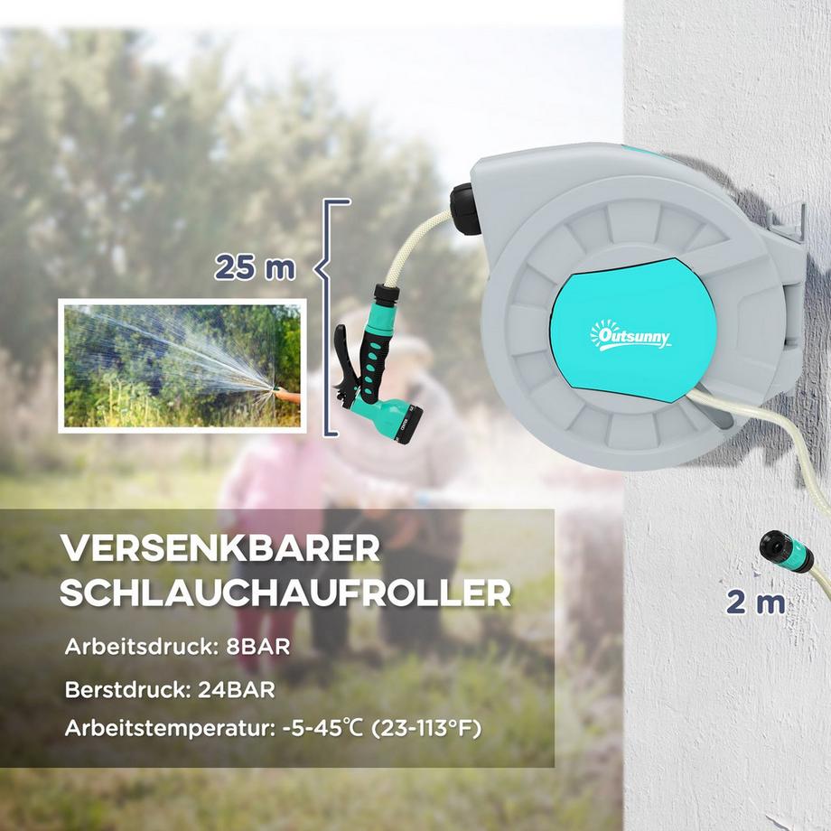 Northio  Schlauchtrommel mit Gartenschlauch 25m, 180° schwenkbar Schlauchbox, Schlauchaufroller zur Wandmontage, Wasserschlauchaufroller mit automatische Aufrollung, 7-Funktionen Handbrause, Grün+Grau 