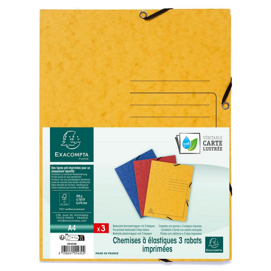Exacompta Cartella 3 lembi con elastici cartoncino lustré 355g/mq - A4 - x 24  