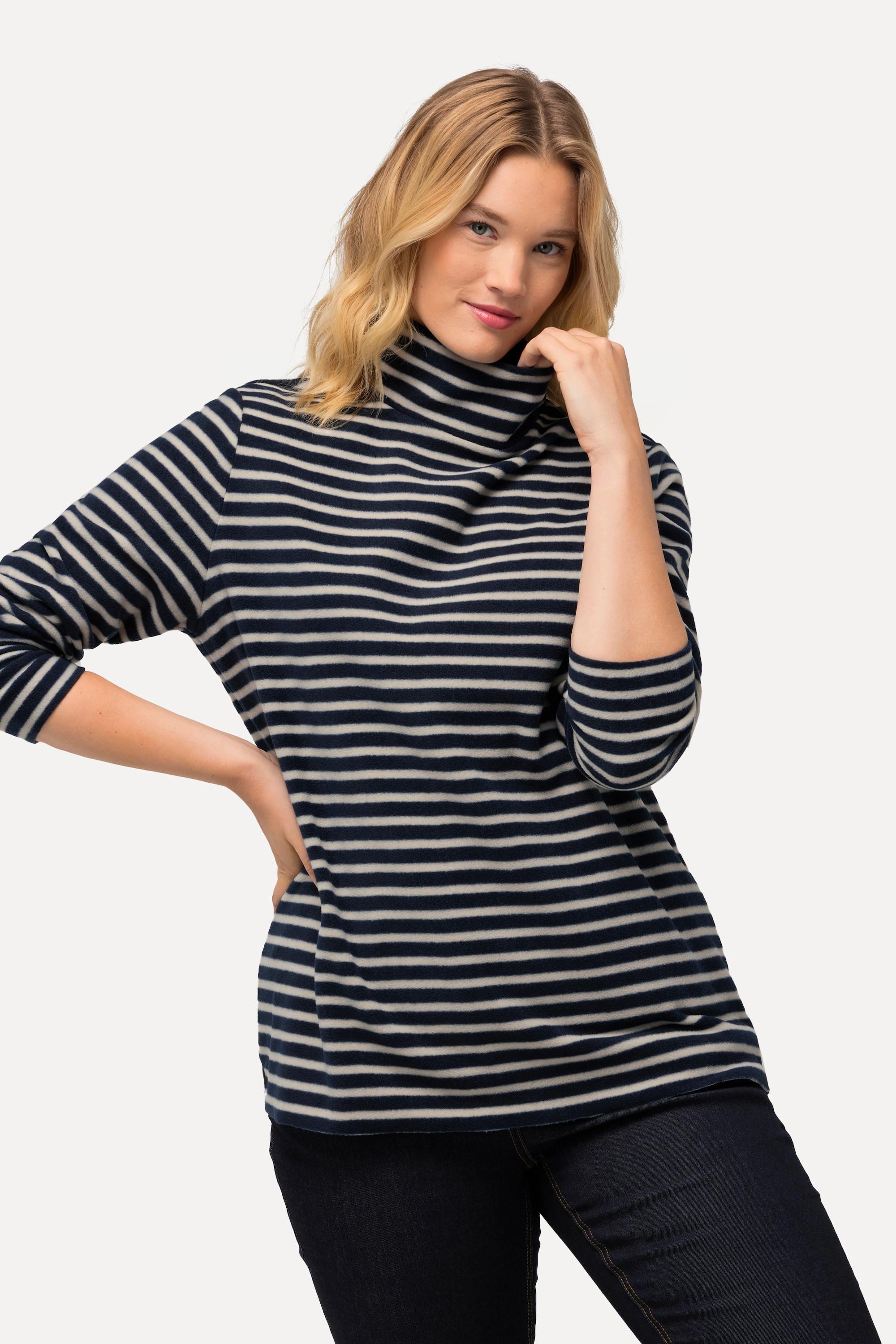 Ulla Popken  Pullover di pile con righe, collo alto, maniche lunghe e materiale riciclato 