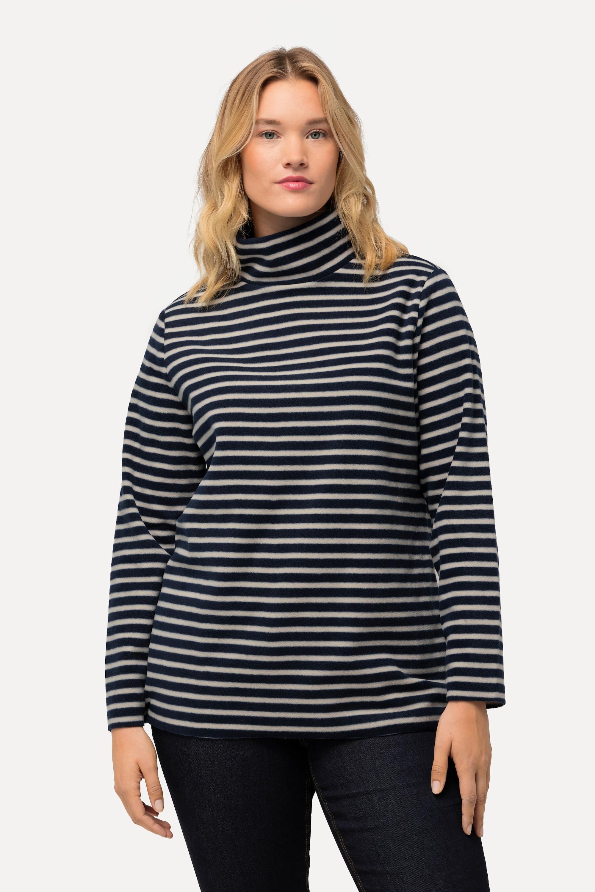 Ulla Popken  Pullover di pile con righe, collo alto, maniche lunghe e materiale riciclato 