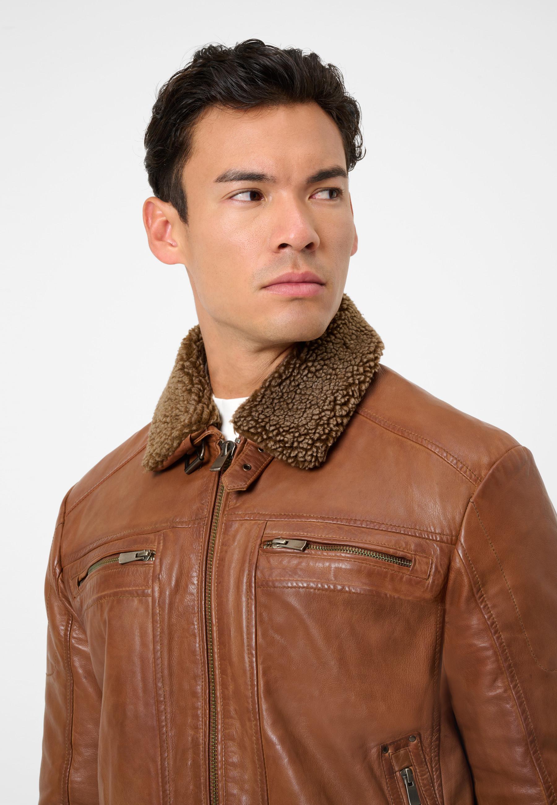 RICANO  Veste en cuir pour homme Dino, col en fourrure et poches poitrine 