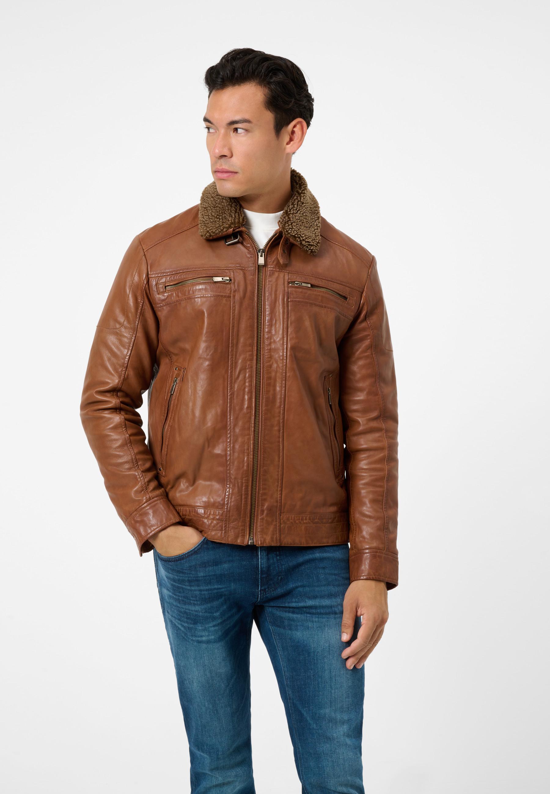 RICANO  Veste en cuir pour homme Dino, col en fourrure et poches poitrine 