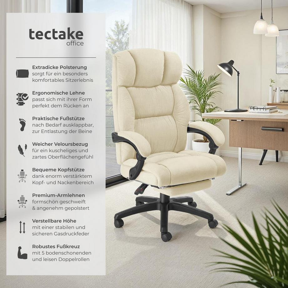 Tectake Bürostuhl Jillien dicke Polsterung mit weichem Velours verstellbare Rückenlehne und ausklappbare Fußstütze  