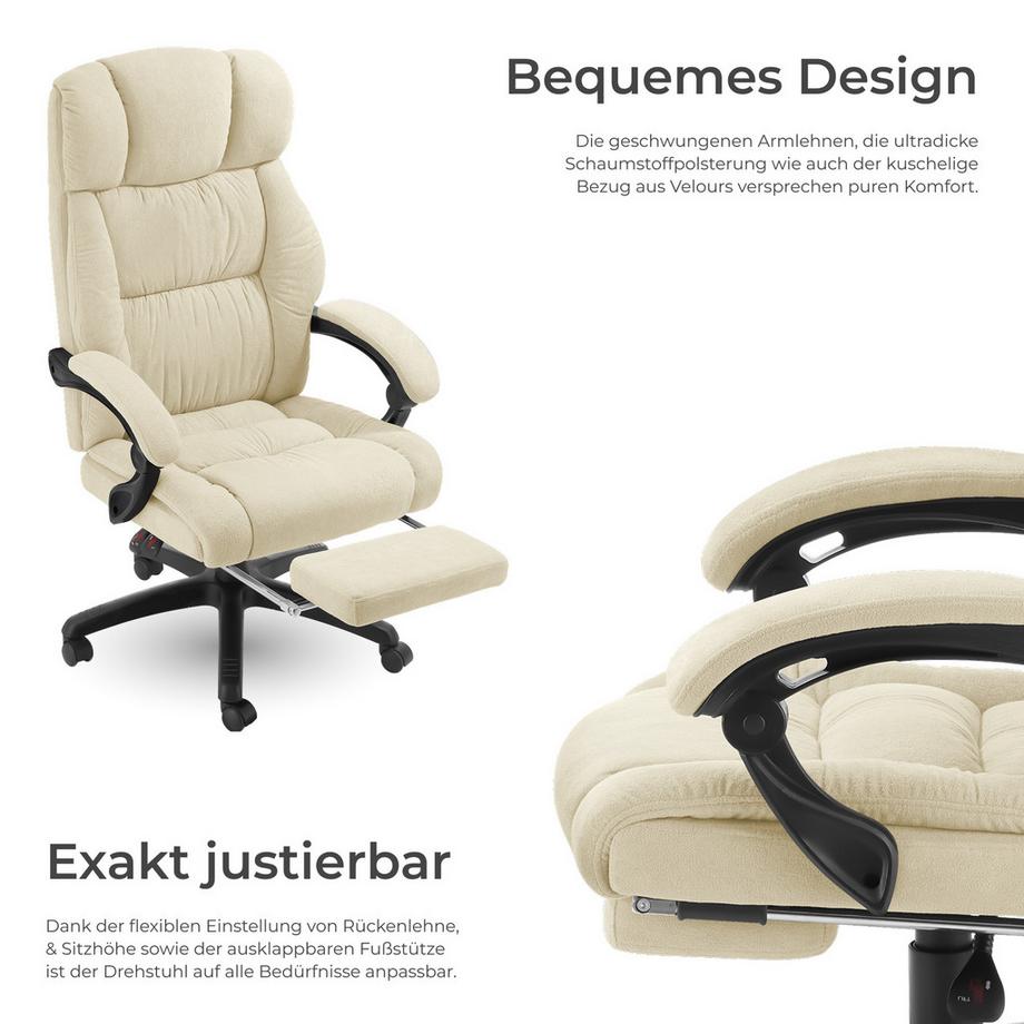 Tectake Bürostuhl Jillien dicke Polsterung mit weichem Velours verstellbare Rückenlehne und ausklappbare Fußstütze  