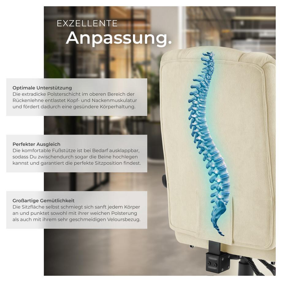 Tectake Bürostuhl Jillien dicke Polsterung mit weichem Velours verstellbare Rückenlehne und ausklappbare Fußstütze  