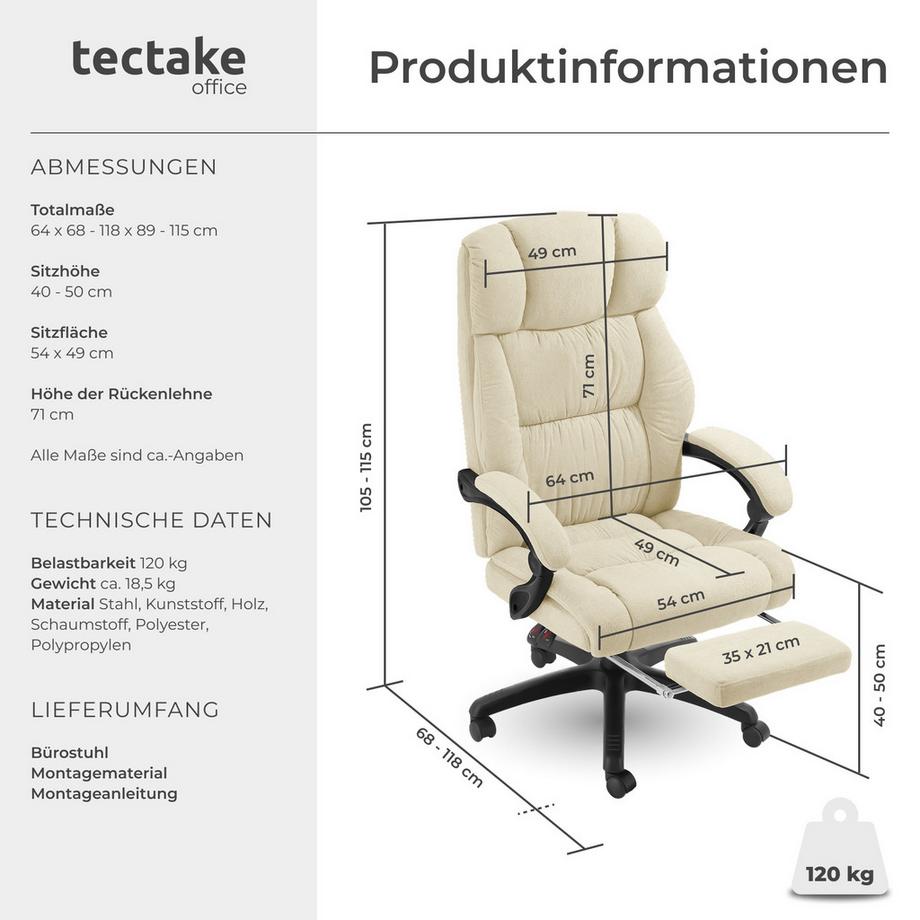 Tectake Bürostuhl Jillien dicke Polsterung mit weichem Velours verstellbare Rückenlehne und ausklappbare Fußstütze  