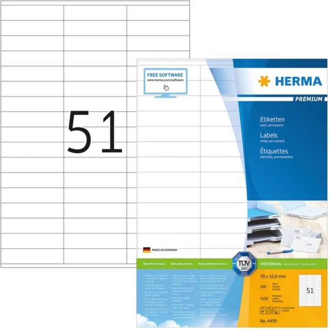 HERMA – Universal-Etiketten 70×16,9mm 4459 weiss 5100 St./100 Blatt, One Size