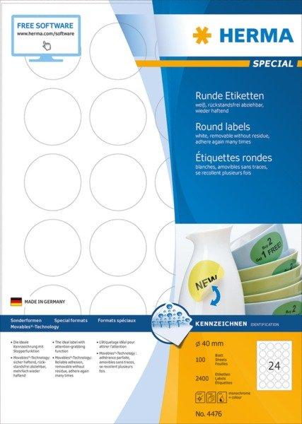 HERMA HERMA Etiketten SPECIAL 40x40mm 4476 weiss,non-perm. 2400St./100Bl.  