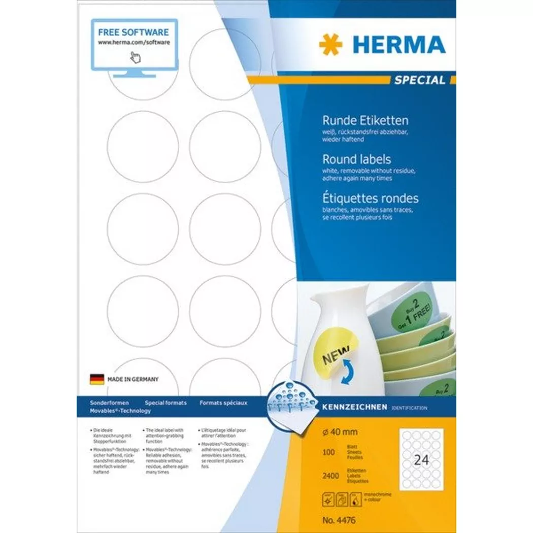 HERMA – Etiketten SPECIAL 40x40mm 4476 weiss,non-perm. 2400St./100Bl., One Size