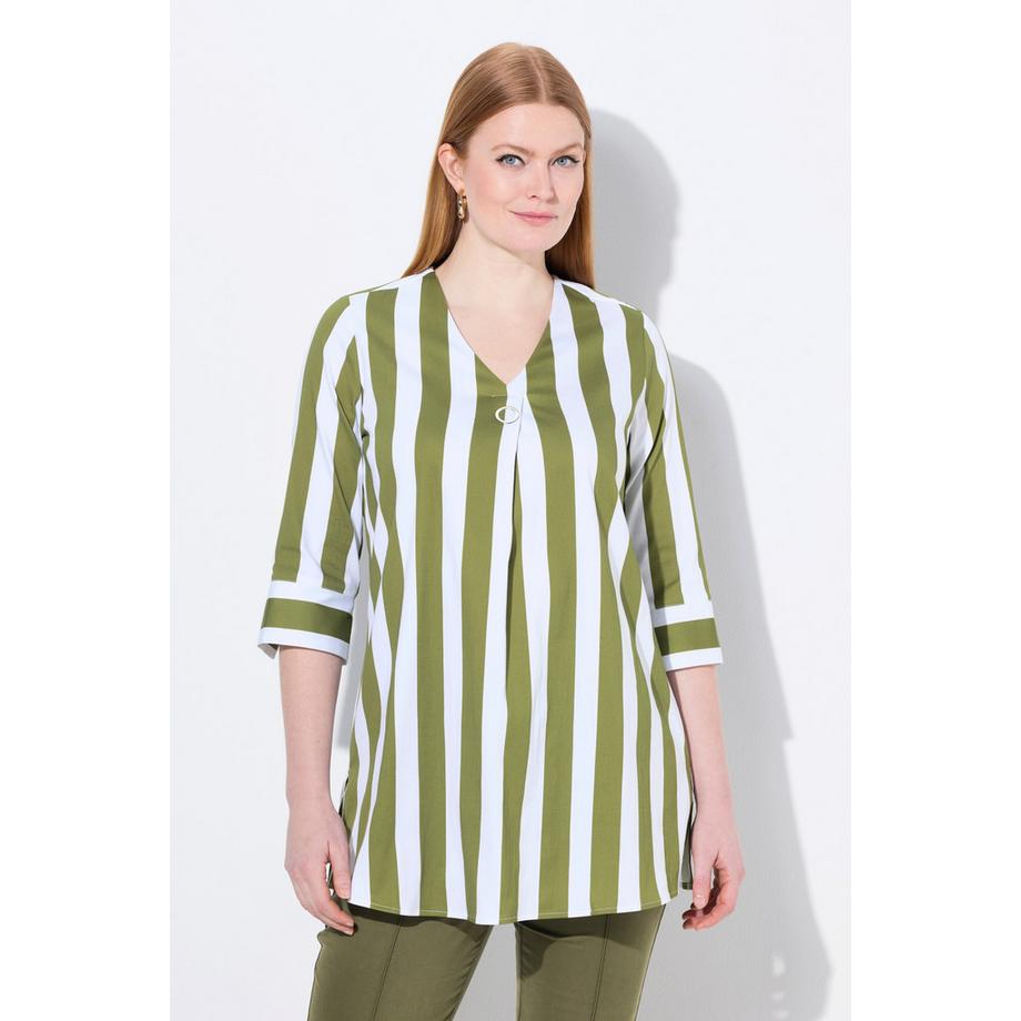 Ulla Popken Righe Verticali Taglio Svasato Scollo a V Maniche 3/4 Blusa  