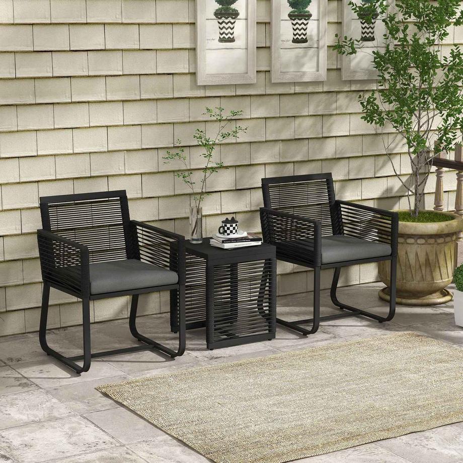 Northio 3-teiliges Rattan Gartenmöbel-Set elegante Sitzgruppe mit 2 Gartenstühlen & Beistelltisch aus Hartglas mit Kissen für Balkon Schwarz  