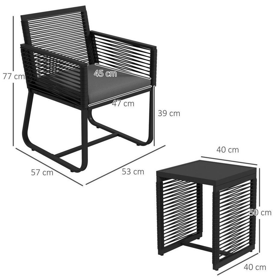 Northio 3-teiliges Rattan Gartenmöbel-Set elegante Sitzgruppe mit 2 Gartenstühlen & Beistelltisch aus Hartglas mit Kissen für Balkon Schwarz  
