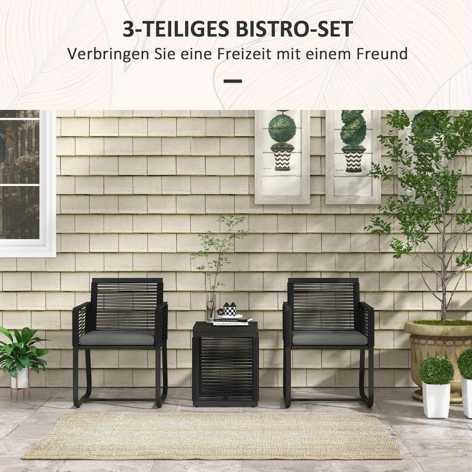 Northio 3-teiliges Rattan Gartenmöbel-Set elegante Sitzgruppe mit 2 Gartenstühlen & Beistelltisch aus Hartglas mit Kissen für Balkon Schwarz  