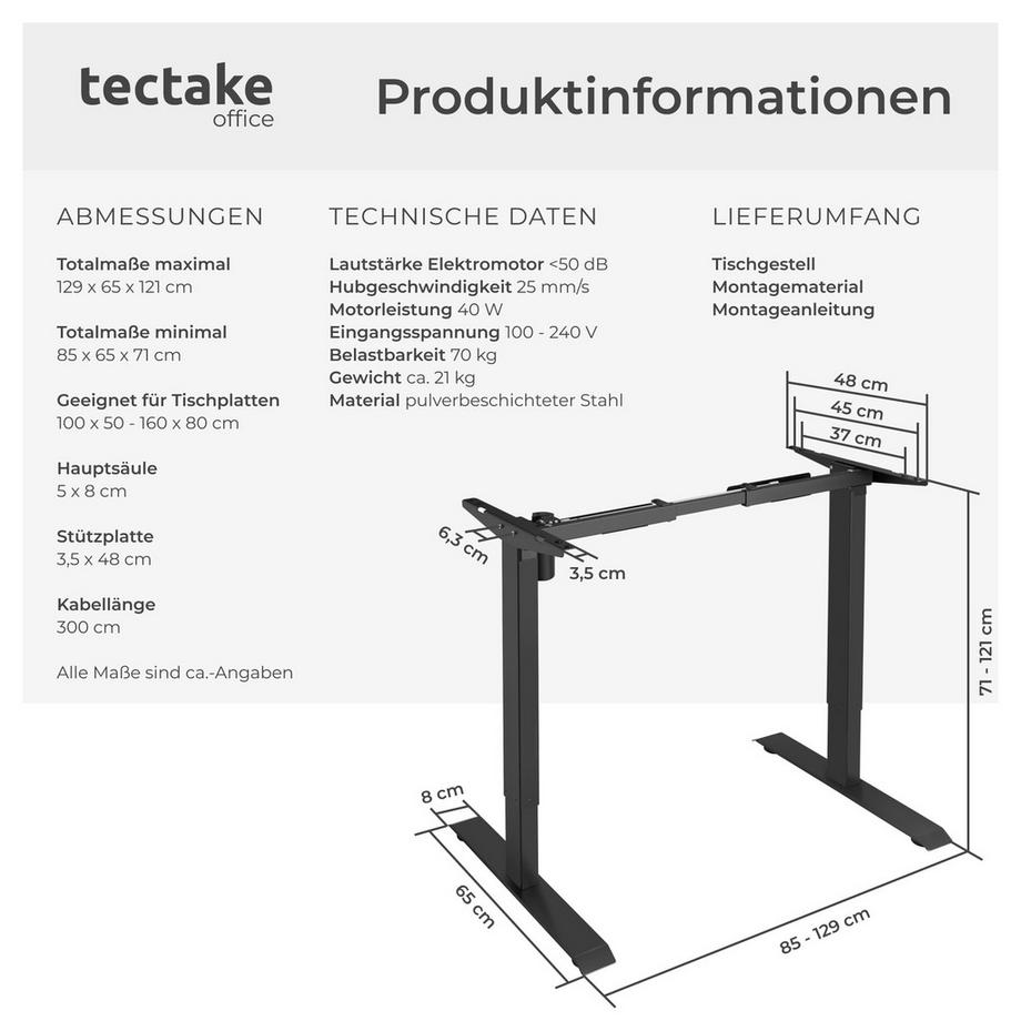 Tectake Tischgestell Piotr elektrisch höhenverstellbar 2-stufig  