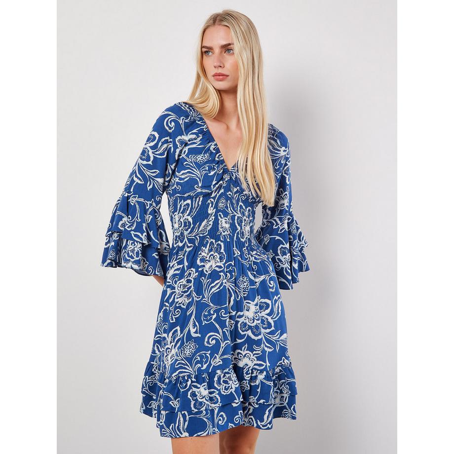 Sarasa Floral Smocked Ruffle Minikleid