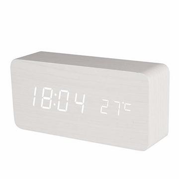 Réveil numérique à DEL avec un design en bois - Blanc