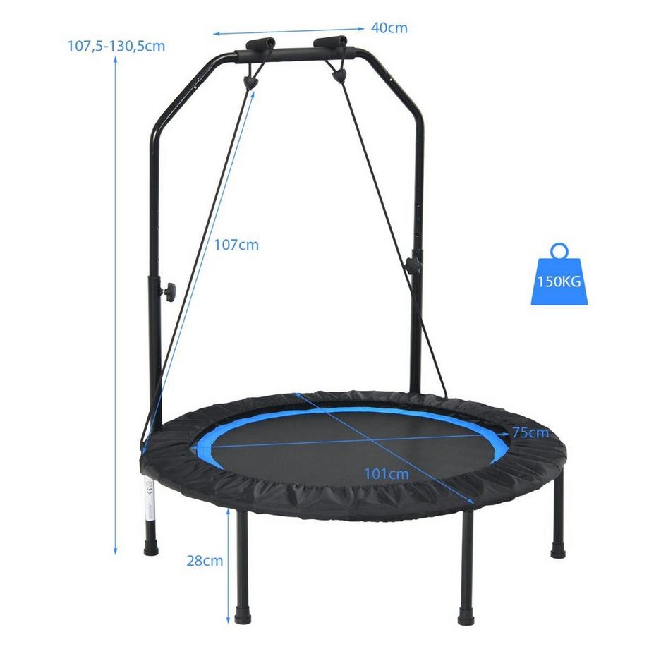 Northix  Ø101 cm Trampolin mit 2 Widerstandsbändern Mini-Trampolin mit höhenverstellbarem Griff Schwarz + Blau 