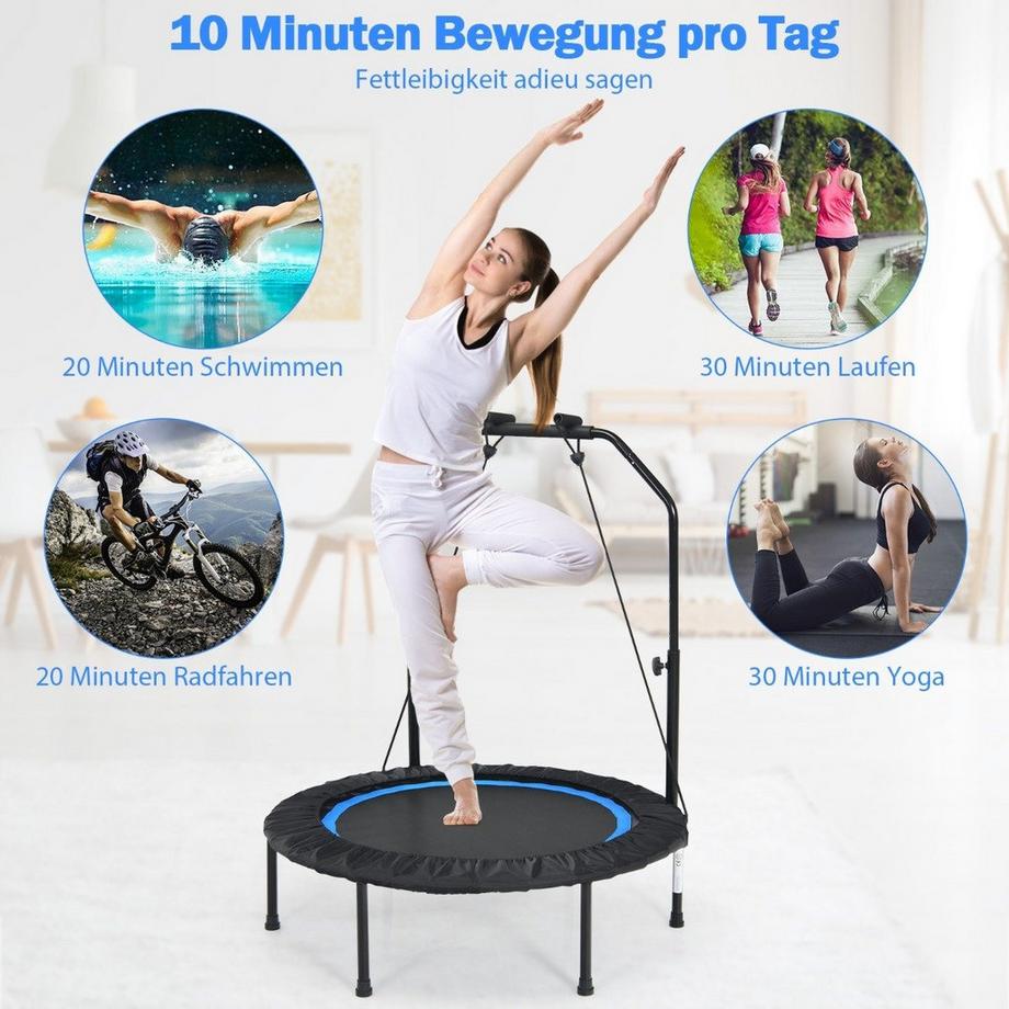 Northix  Ø101 cm Trampolin mit 2 Widerstandsbändern Mini-Trampolin mit höhenverstellbarem Griff Schwarz + Blau 