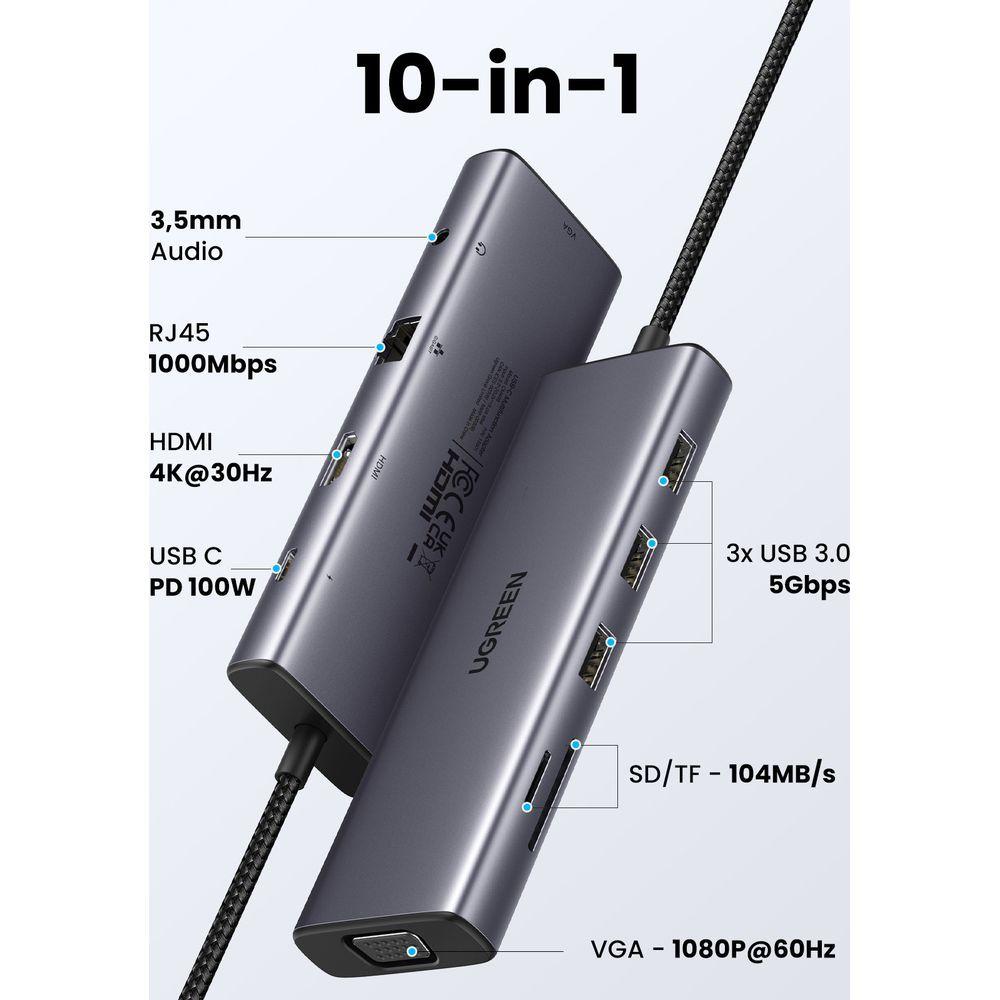 UGREEN  Adaptateur UGREEN USB-C 10-en-1 vers USB-A/HDMI/VGA/RJ45/SD7TF/AUX 3,5 mm/PD 