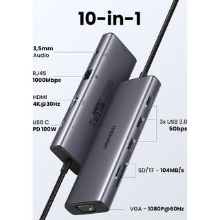 UGREEN  Adaptateur UGREEN USB-C 10-en-1 vers USB-A/HDMI/VGA/RJ45/SD7TF/AUX 3,5 mm/PD 