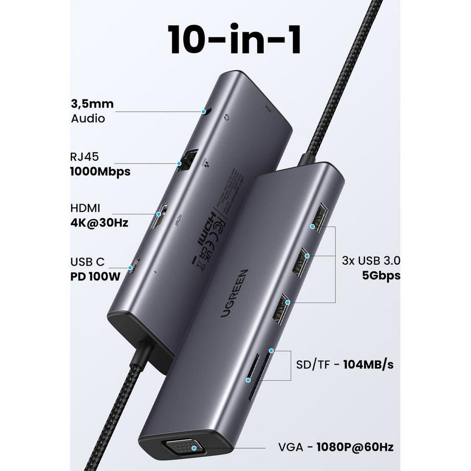 UGREEN  UGREEN USB-C 10-in-1-Adapter auf USB-A/HDMI/VGA/RJ45/SD7TF/AUX 3,5 mm/PD 