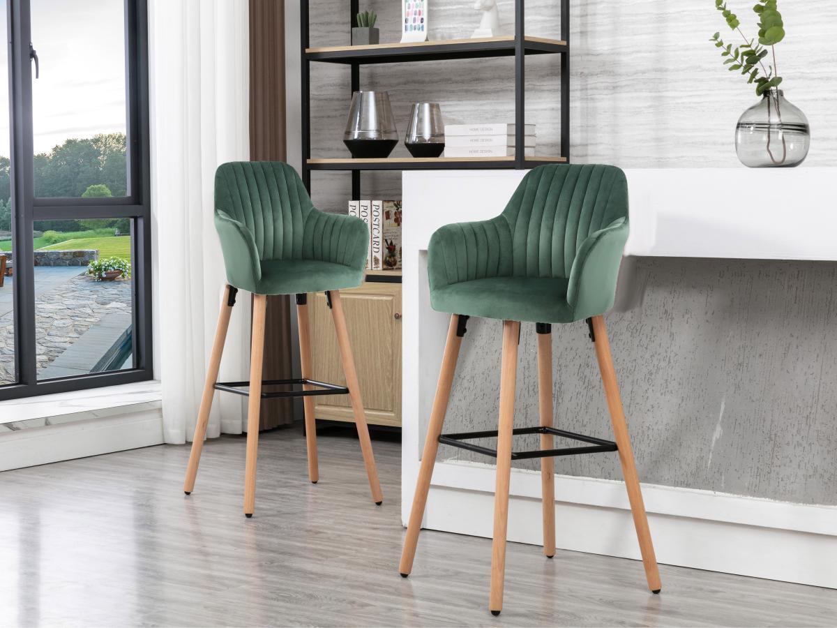 Vente-unique Tabouret de bar en velours et pieds bois de hêtre - Vert foncé - ELEANA  