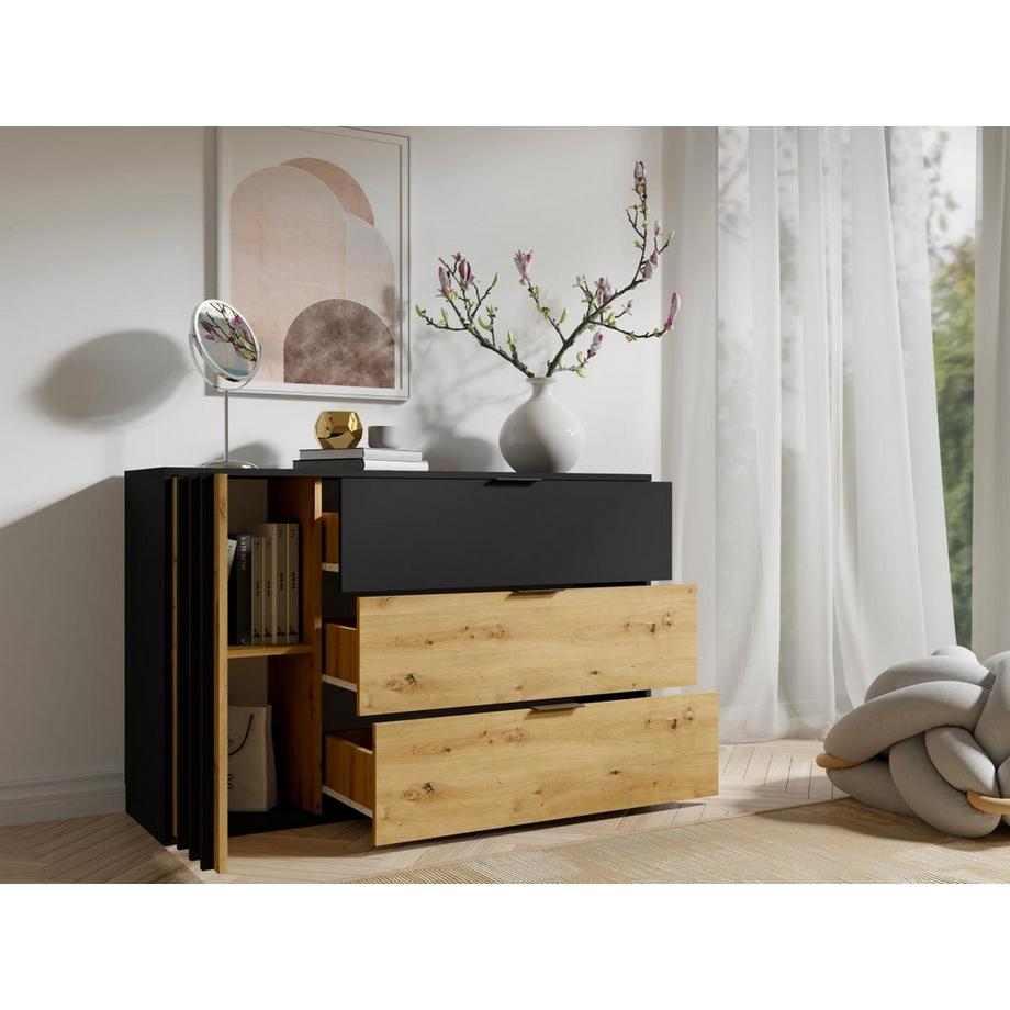 Vente-unique  Commode 3 tiroirs et 1 porte - Noir et Naturel - TUNALO 