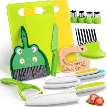 Couteau pour enfants - Set de couteaux de cuisine de sécurité pour enfants de 14 pièces pour la vraie cuisine avec couteau en bois, couteau pour enfants, planche à découper, éplucheur, etc.