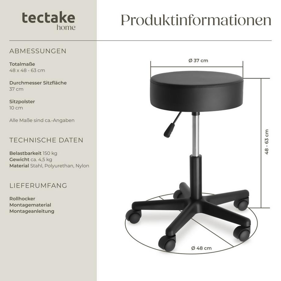 Tectake Sgabello con ruote  Werner  regolabile in altezza e girevole a 360°  