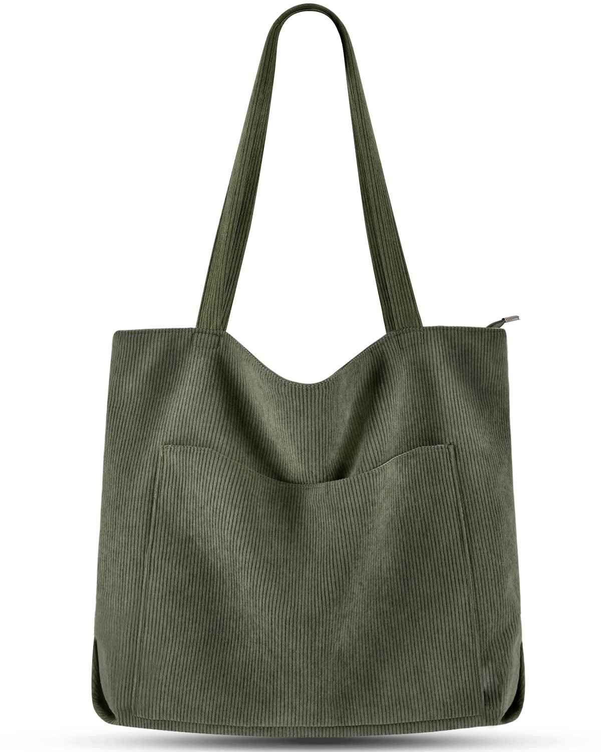 Image of Cord Tasche Umhängetasche Mit Reißverschluss, Groß Shopper Tasche Tote Bag Handtasche Damen Rasengrün ONE SIZE