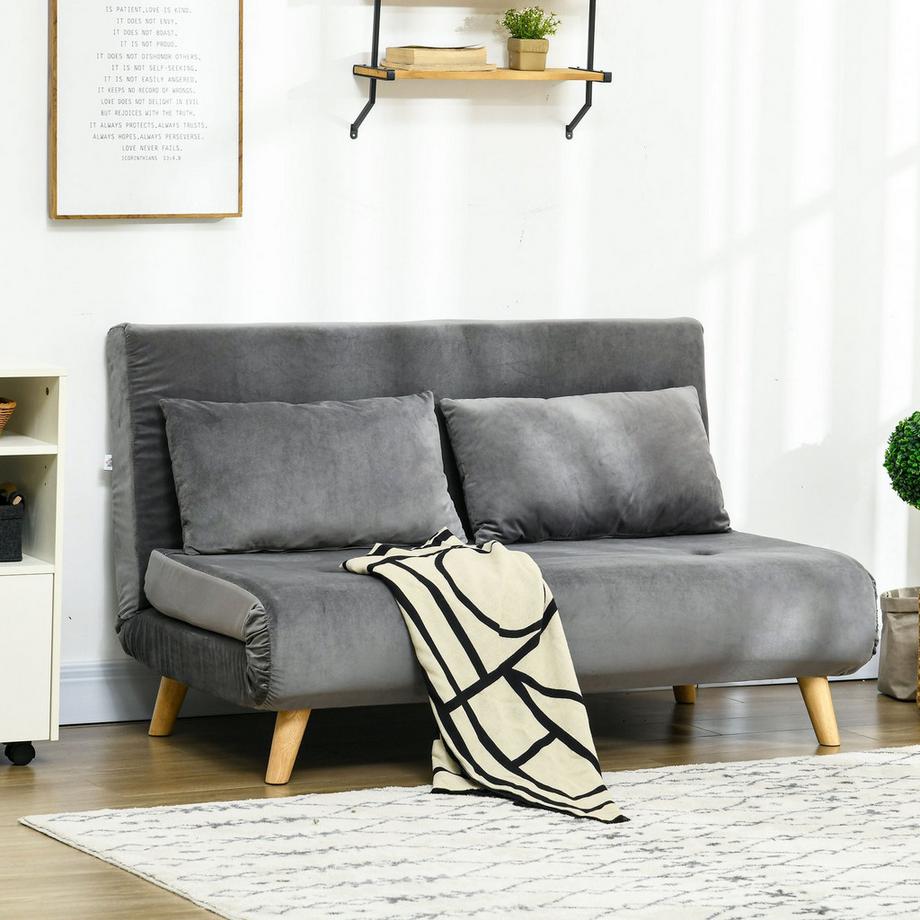 Northio Schlafsofa 2-Sitzer Sofa Mit Bettfunktion, Klappsofa Mit Verstellbare Rückenlehne, Kissen, Schlafcouch Mit Samtoptik, Grau, 130 X 78 X 79Cm  