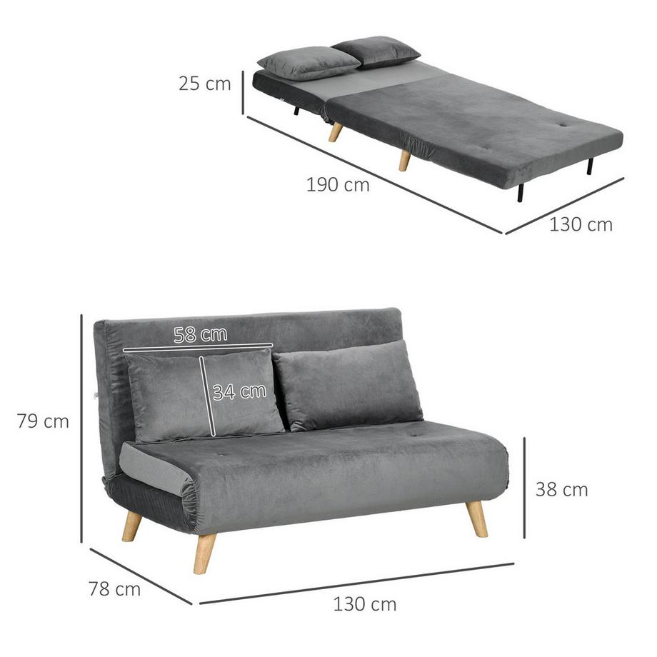 Northio Schlafsofa 2-Sitzer Sofa Mit Bettfunktion, Klappsofa Mit Verstellbare Rückenlehne, Kissen, Schlafcouch Mit Samtoptik, Grau, 130 X 78 X 79Cm  