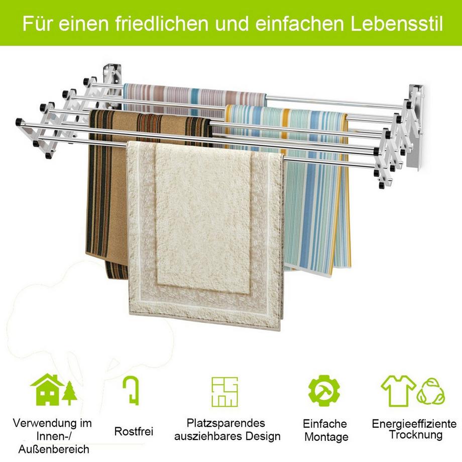 B2X  Ausziehbarer Wand-Wäscheständer aus Edelstahl mit 8 Stangen 