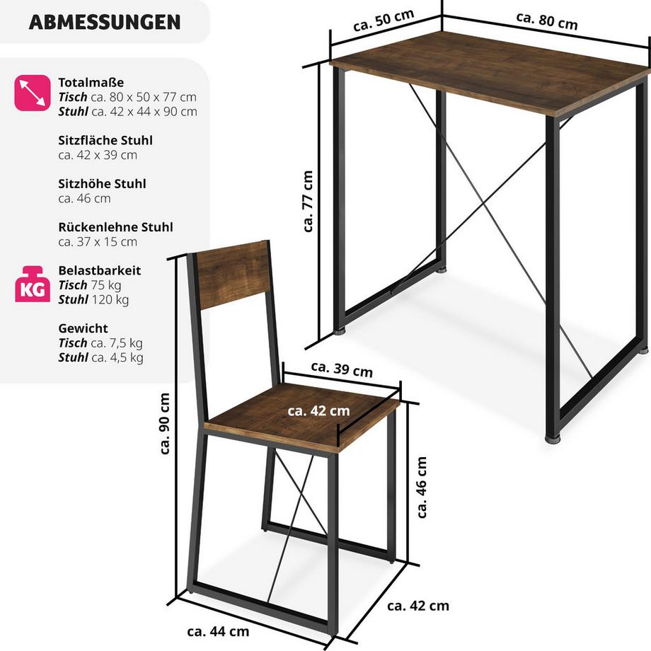 Tectake Sitzgruppe Margate 3-teilig Esstisch mit 2 Stühlen  