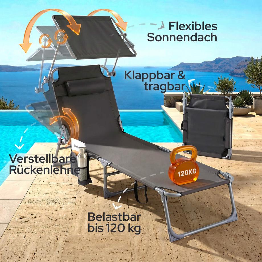 Arebos Sonnenliege & Liegestuhl klappbar mit Sonnendach | Gartenliege, Campingliege & Strandliege | Kopfkissen & Seitentasche |  verstellbar | Relaxliege faltbar  