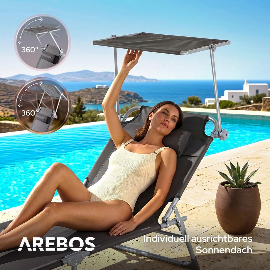 Arebos Sonnenliege & Liegestuhl klappbar mit Sonnendach | Gartenliege, Campingliege & Strandliege | Kopfkissen & Seitentasche |  verstellbar | Relaxliege faltbar  