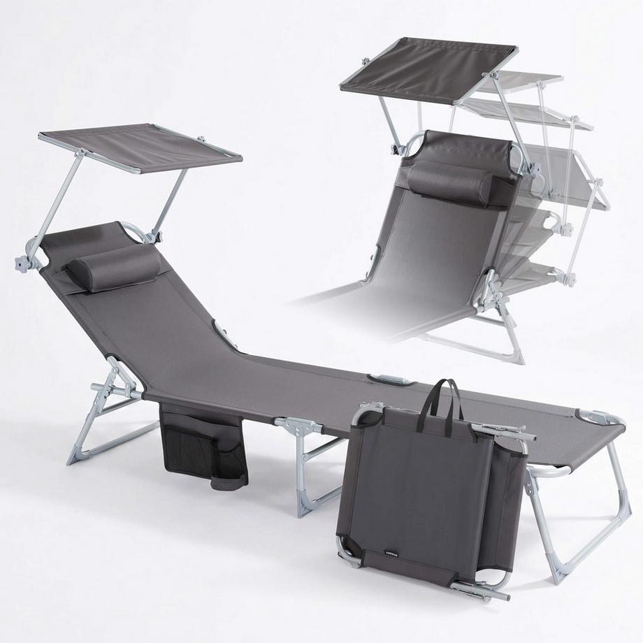 Sonnenliege & Liegestuhl klappbar mit Sonnendach | Gartenliege, Campingliege & Strandliege | Kopfkissen & Seitentasche |  verstellbar | Relaxliege faltbar