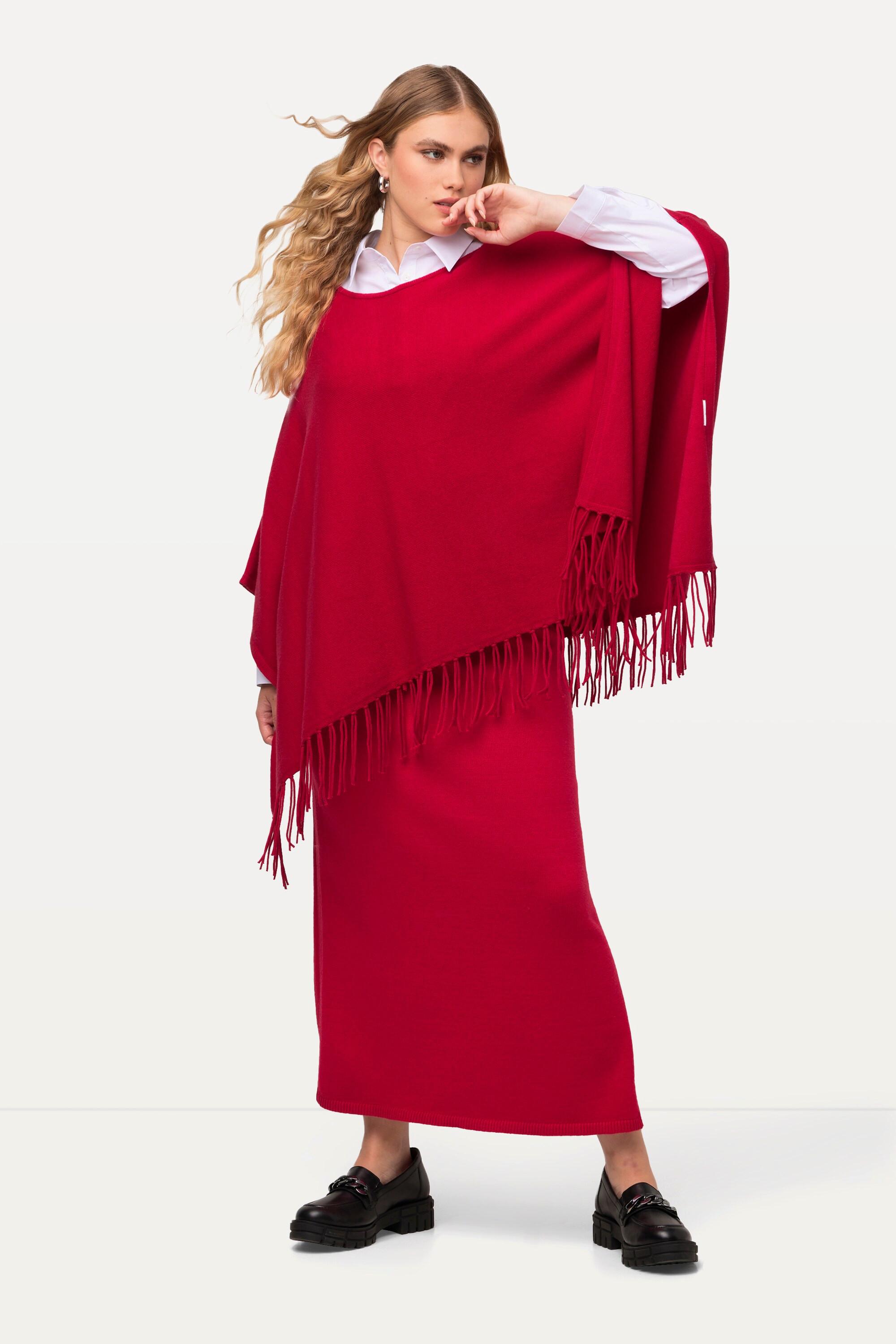 Ulla Popken  Poncho di maglia dal taglio oversize con frange e scollo a barca 