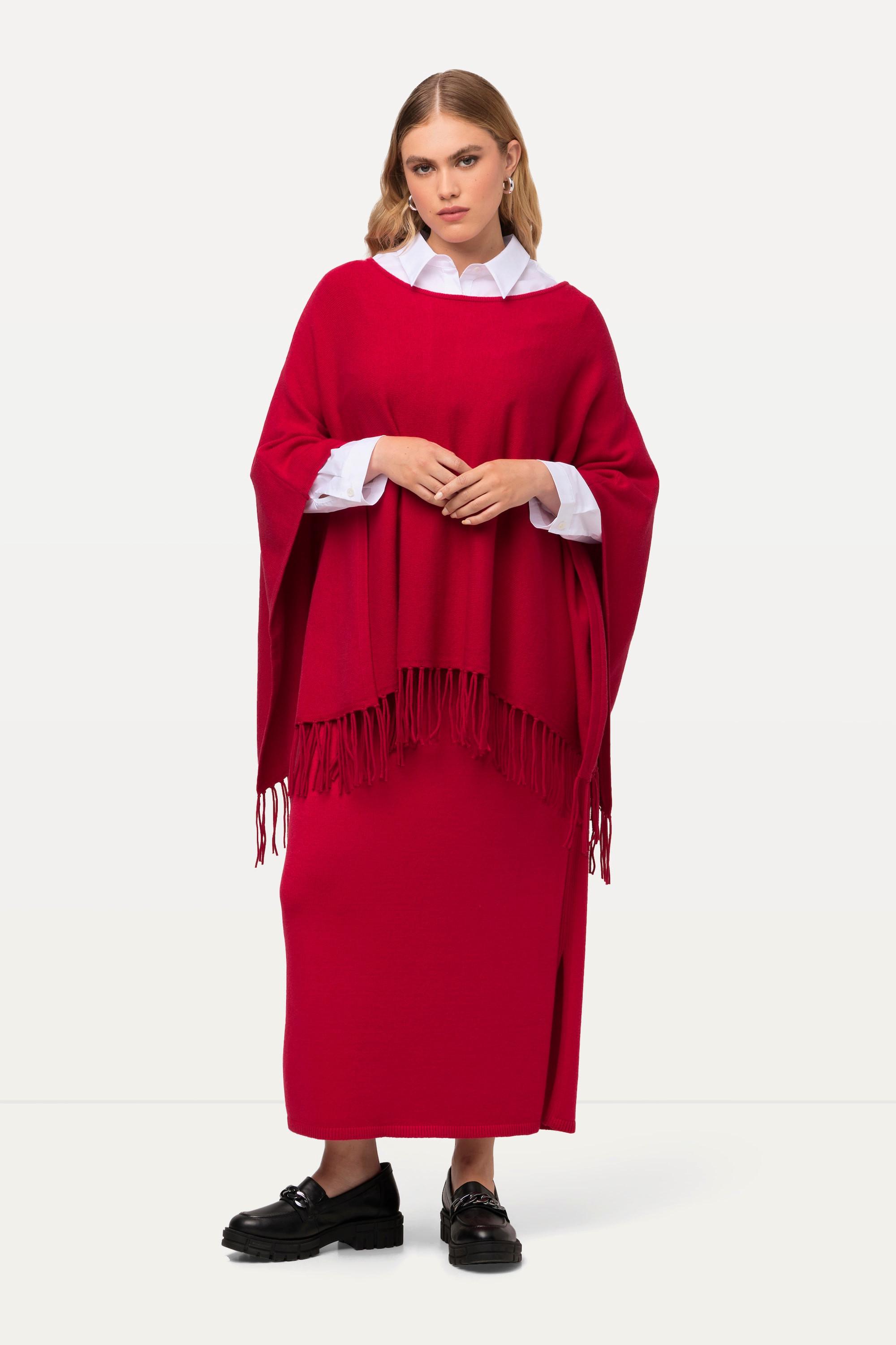 Ulla Popken  Poncho di maglia dal taglio oversize con frange e scollo a barca 