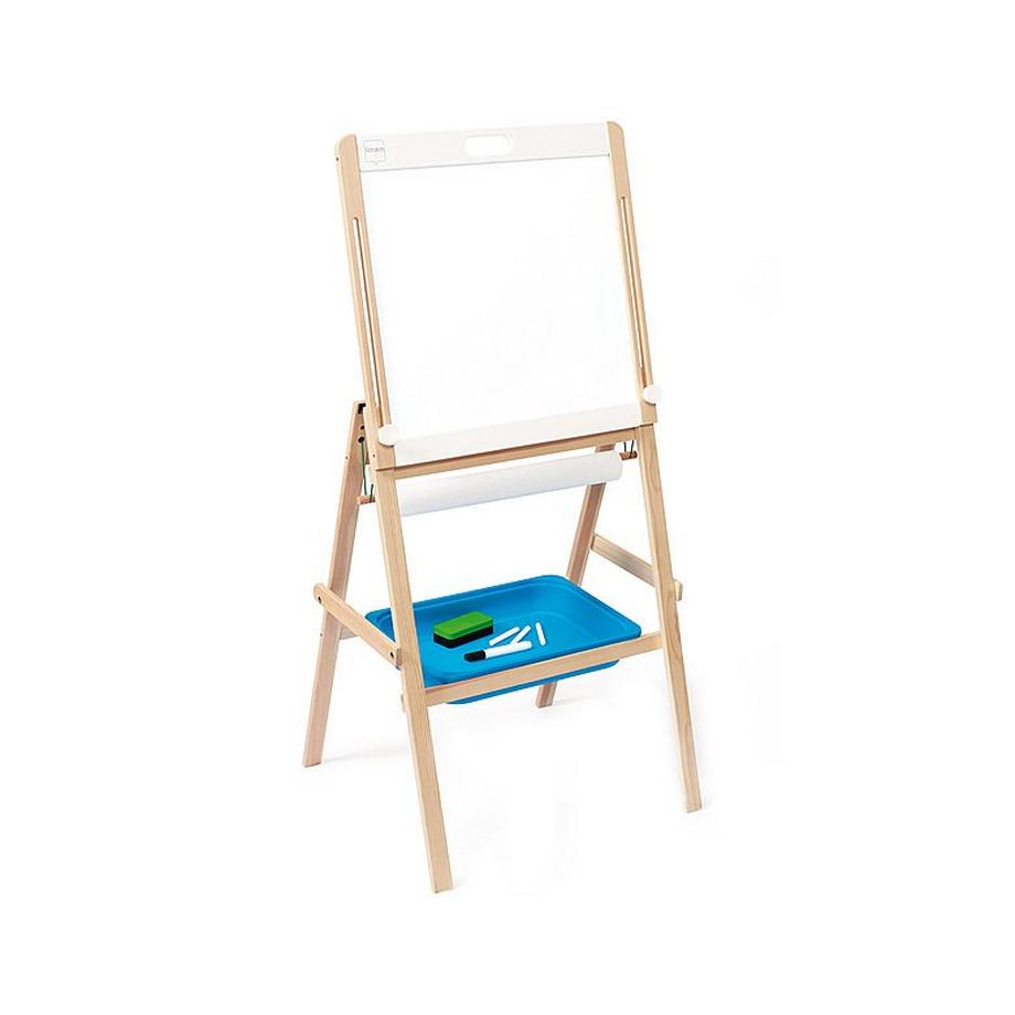 Scratch  Scratch Preschool: SCHOOLBORD 65x50xH87-120cm, 2-zijdig black-&  whiteboard (verstelbare hoogte 87-120cm), met magneten, 5m papierrol,  opbergbakje, krijtjes, 1 markeerstift en een bordveger, in hout, 